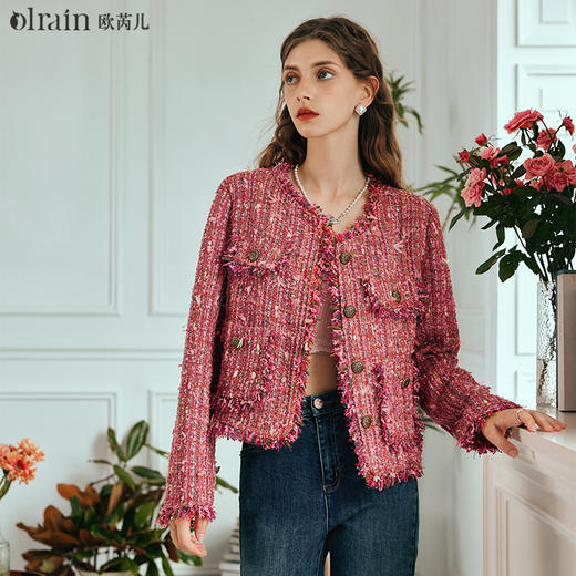 OLrain欧芮儿红色短外套女早春2024年新款圆领彩色编织小香风外套 商品图0