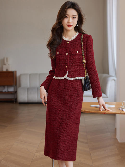【年货节】熙世界红色小香风短款外套女冬法式粗花呢夹棉上衣半身裙两件套 商品图7