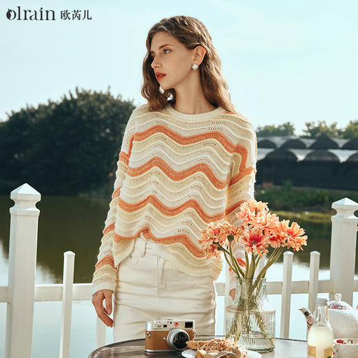 OLrain欧芮儿彩色针织衫女早春2024年新款水波纹慵懒风套头毛衣 商品图0