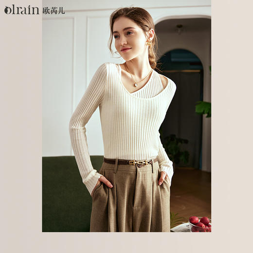 OLrain欧芮儿杏色针织衫女秋冬2023新款设计感假两件修身显瘦毛衣 商品图0