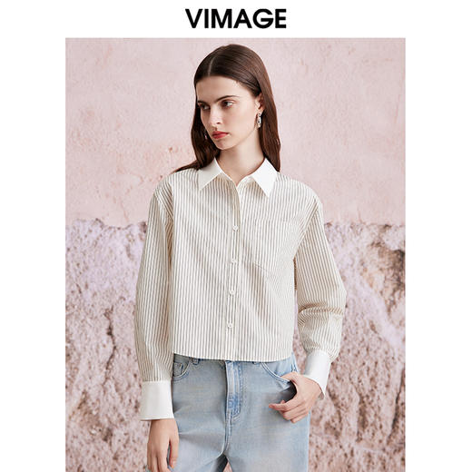 VIMAGE纬漫纪春季新款简约条纹长袖衬衫衬衣女上衣V2109711 商品图0