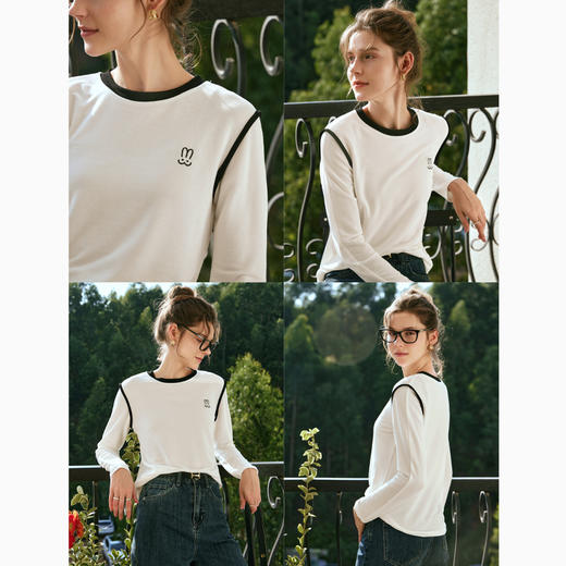 
OLrain欧芮儿白色T恤女秋冬2023年新款简约百搭显瘦撞色刺绣长袖 商品图2