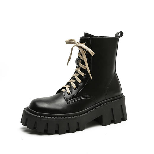 【女鞋专场】厚底真皮马丁靴女2022秋冬新款英伦风粗跟系带拉链机车靴黑色短靴 商品图4