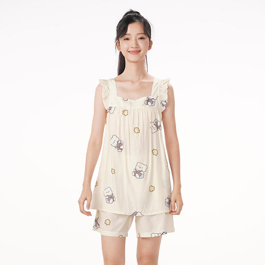 都市丽人生活家居春夏睡衣女梭织人棉家居服薄款背心短裤女士梭织棉套装LH42C8 商品图1