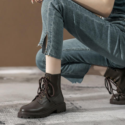 【女鞋专场】真皮厚底复古英伦风机车靴2022秋款棕色马丁靴女百搭小个子短靴子 商品图1