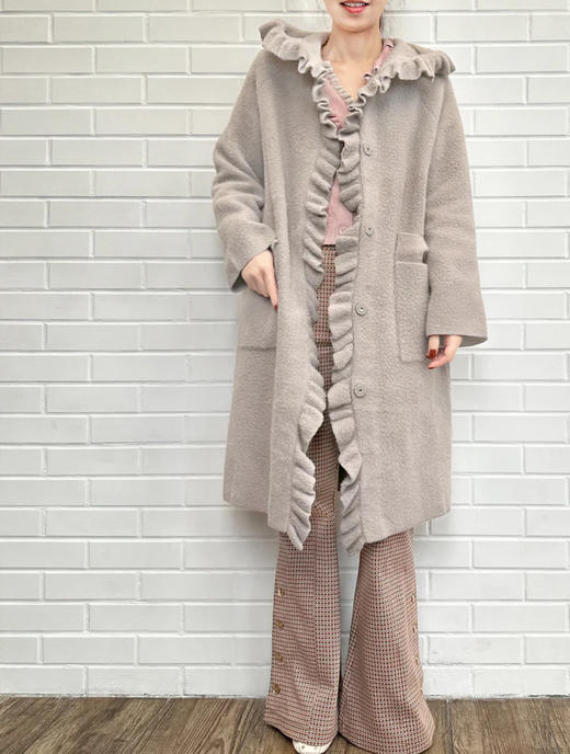 TYNVIE 荷叶边连帽针织大衣-灰色 商品图5