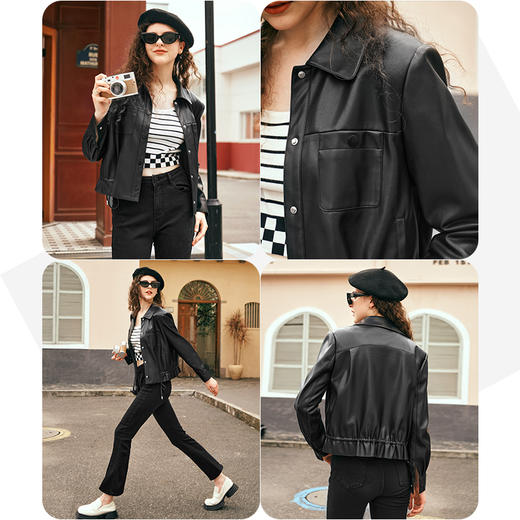OLrain欧芮儿黑色短外套女早春2024年新款宽松复古高级感机车皮衣 商品图2