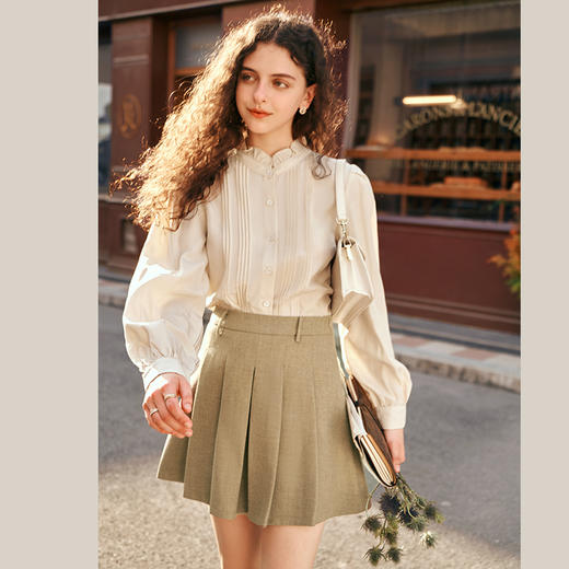 OLrain欧芮儿法式长袖衬衫女秋冬2023年新款木耳边立领泡泡袖衬衣 商品图1