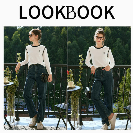 
OLrain欧芮儿白色T恤女秋冬2023年新款简约百搭显瘦撞色刺绣长袖 商品图4