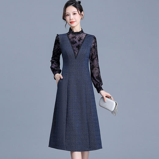 拼结假两件长袖裙，时尚中老年妈妈装牛仔蓝色厚款中长款连衣裙QYM-KED-H1573-Y 商品图0