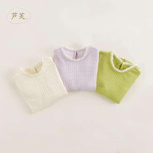 【马克珍妮 芦芙】女童纯棉蕾丝木耳边长袖T恤儿童春款上衣240182 商品图0