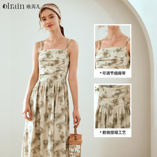 OLrain欧芮儿浅咖色连衣裙女秋冬2023新款法式一字领碎花茶歇裙子 商品图3