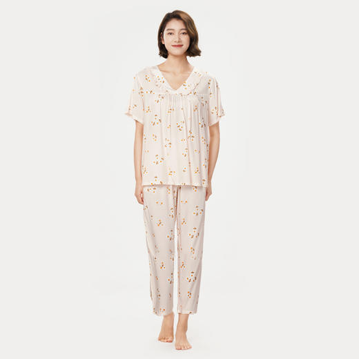 都市丽人生活家居春夏睡衣女梭织人棉家居服薄款短袖长裤女士梭织棉套装LH42B9 商品图1