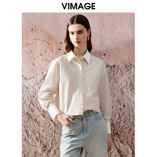 VIMAGE纬漫纪春季新款简约条纹长袖衬衫衬衣女上衣V2109711 商品图2