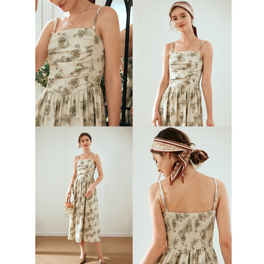 OLrain欧芮儿浅咖色连衣裙女秋冬2023新款法式一字领碎花茶歇裙子 商品图2