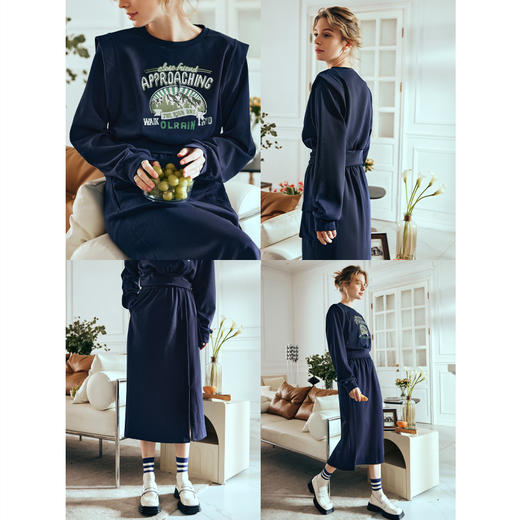 OLrain欧芮儿宝蓝色卫衣套装女早春2024年新款通勤美式印花两件套 商品图2