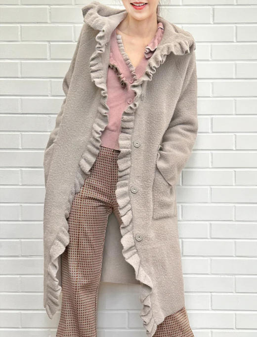 TYNVIE 荷叶边连帽针织大衣-灰色 商品图1