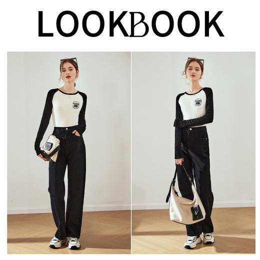 OLrain欧芮儿黑白色T恤女秋冬2023新款时尚撞色插肩圆领印花长袖 商品图4