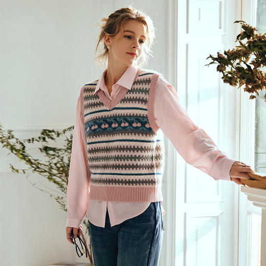 OLrain欧芮儿复古毛衣背心女早春2024年新款甜美多色提花针织马甲 商品图1