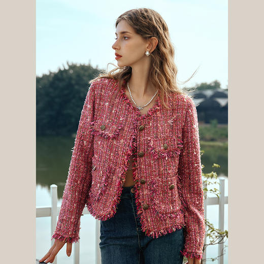 OLrain欧芮儿红色短外套女早春2024年新款圆领彩色编织小香风外套 商品图1