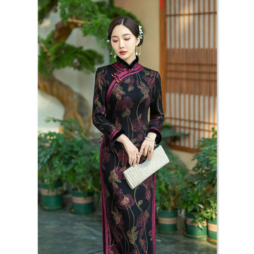 老上海复古民族风传统长款宽边旗袍冬新款珠光棉加绒加厚GX100888 商品图3