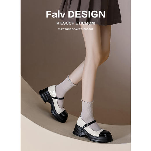 【女鞋专场】松糕厚底法式玛丽珍女单鞋2023春秋拼色真皮一字带粗跟英伦乐福鞋 商品图0