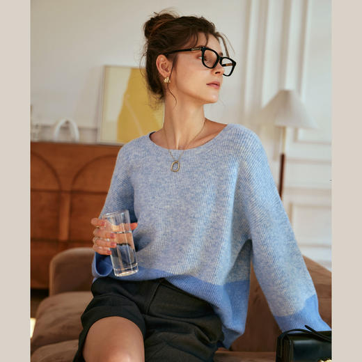 OLrain欧芮儿蓝色针织衫女秋冬2023年新款别致宽松慵懒风毛衣 商品图1