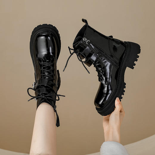 【女鞋专场】厚底漆皮马丁靴女款2023年新款秋冬英伦风真皮高级感粗跟短靴子女 商品图0