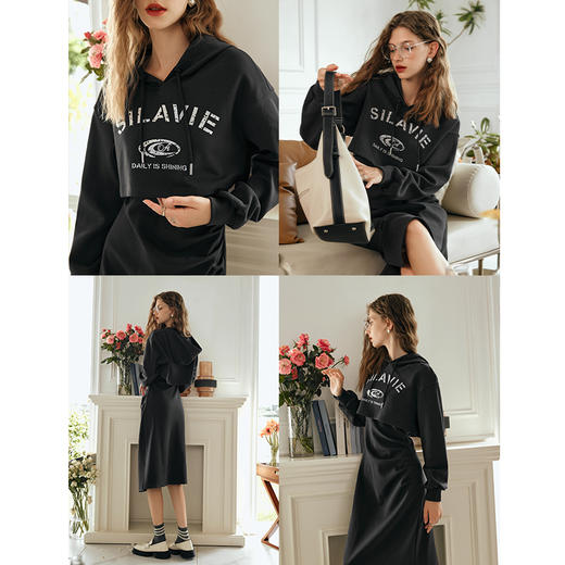 OLrain欧芮儿深灰色时尚套装女早春2024新款学院休闲卫衣连衣裙 商品图2