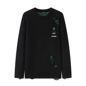 YKYB破坏毛边针织衫潮宽松落肩圆领外套个性美式街头嘻哈破洞毛衣