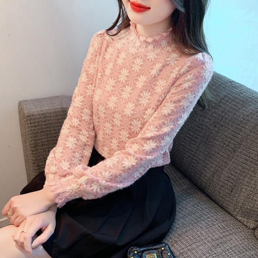 KQL 323H709半高领T恤打底衫加绒洋气蕾丝衫上衣 商品图2