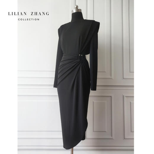 定制—奢华都市—摩登ALL BLACK、—3D褶长袖简约小黑裙  2301093 商品图0