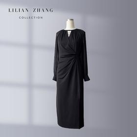 浪漫邂逅—法式褶皱塑身X型长袖显瘦连衣裙气质黑色女神裙2301002