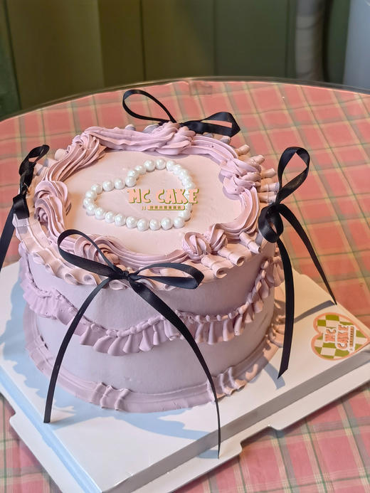 洛丽塔复古裱花蛋糕 粉色黑色丝带蝴蝶结 商品图0