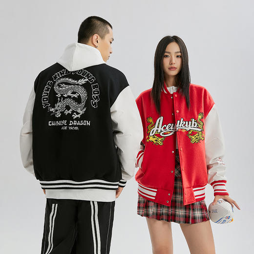 【YKYB黄子韬同款】棒球服冬潮牌拼接撞色毛呢外套龙刺绣宽松夹克 商品图0