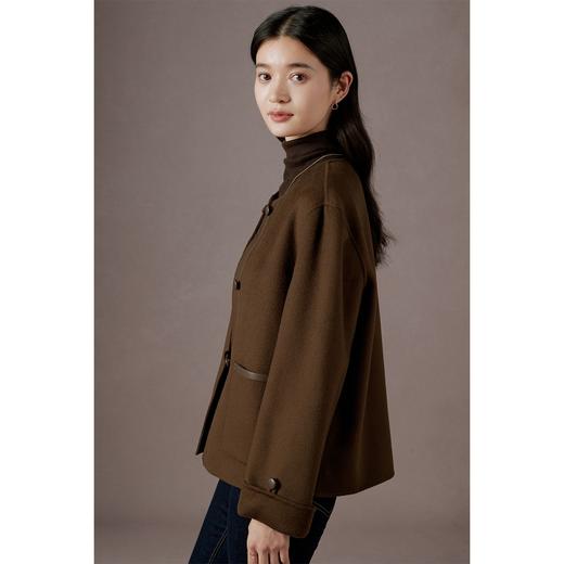 设计感拼皮羊绒双面呢大衣女短款2023冬季新款修身羊毛呢外套 商品图2
