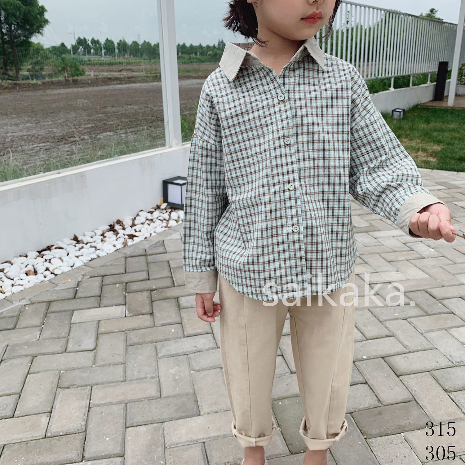 SY315 袖领拼色格衬   100-140