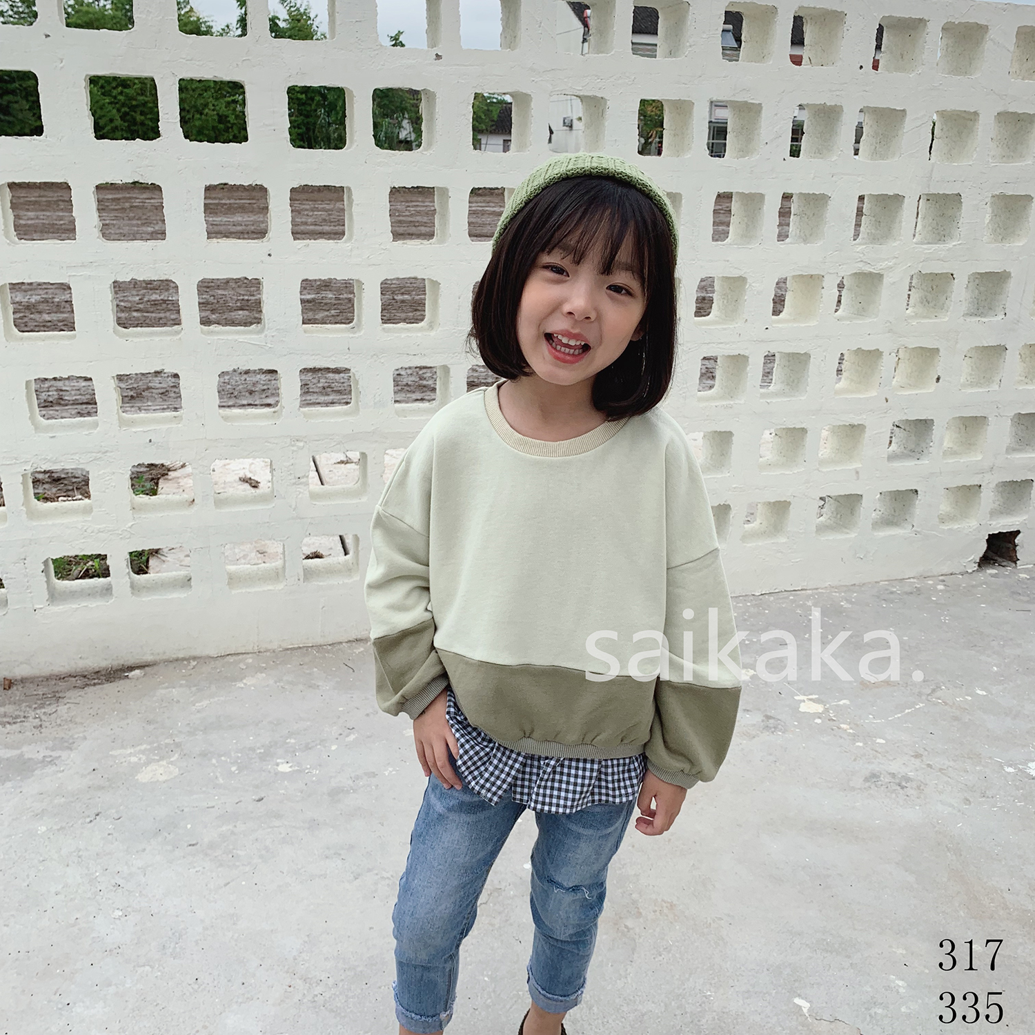 WT317下摆拼格卫衣   100-140