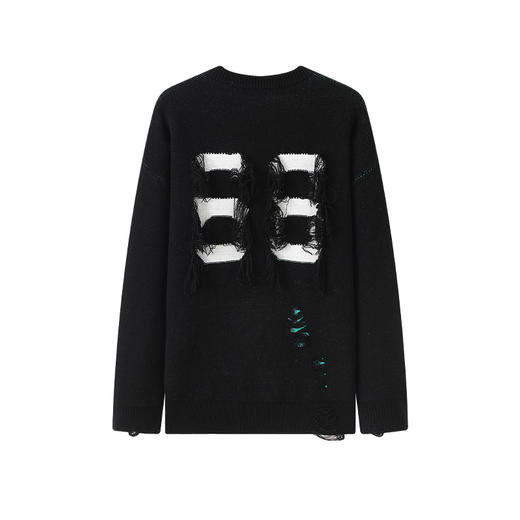 YKYB破坏毛边针织衫潮宽松落肩圆领外套个性美式街头嘻哈破洞毛衣 商品图1