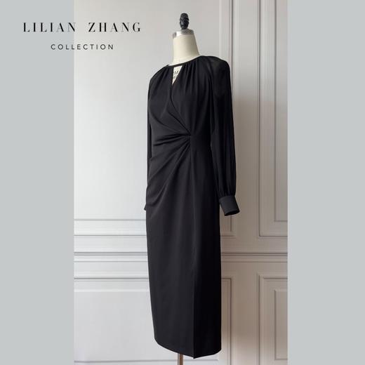 浪漫邂逅—法式褶皱塑身X型长袖显瘦连衣裙气质黑色女神裙2301002 商品图1