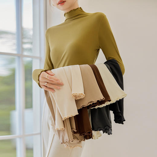 【修身显瘦❗️软糯不扎肤】秋冬新款亲肤贴身打底衫 木耳边打底衫女T桖秋冬新款椰油面膜衣内搭修身上衣长袖 商品图3