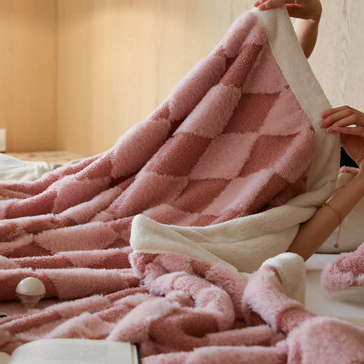 自然醒ins兔毛菱形格交织立体提花双层加厚可机洗毛毯沙发休闲膝盖毯双人卧室毯子MT 商品图6