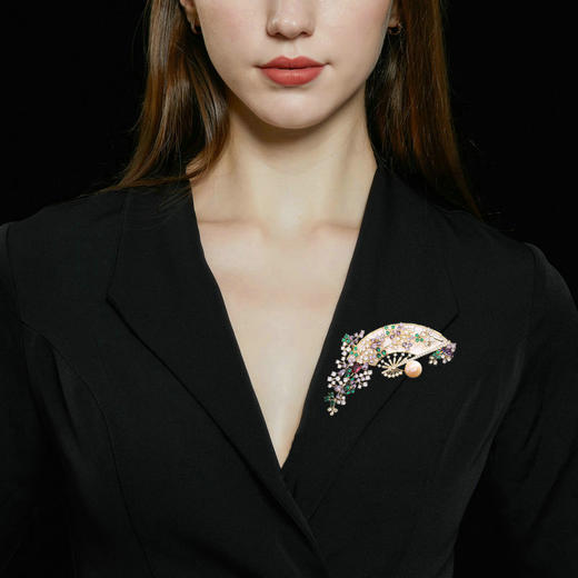 优雅气质复古中国风扇子胸花，镶锆石淡水珍珠扇形胸针LY-F-060 商品图2