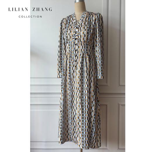 定制—法式风—几何立体图案印花春夏时尚长袖优雅连衣裙 2201099 商品图1