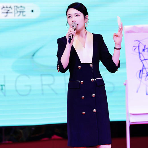 IWY/缎面领子黑色职业连衣裙七分袖高端主持人西装裙气质演讲比赛服装Q13194 商品图0