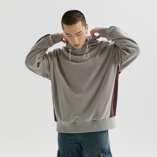 YKYB摇粒绒连帽卫衣潮流撞色拼接织带上衣冬季街头风保暖宽松帽衫 商品图0