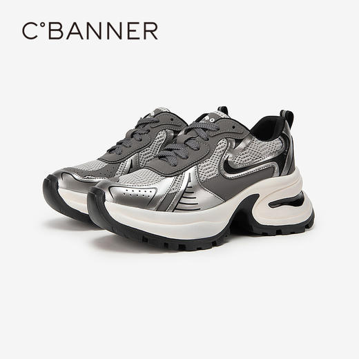 千百度轻便厚底银色老爹鞋女春季增高网面休闲运动鞋透气A24125501 商品图3