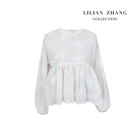 气质女士-短款春夏时尚浪漫轻奢立体刺绣宽松长袖圆领上衣2102046