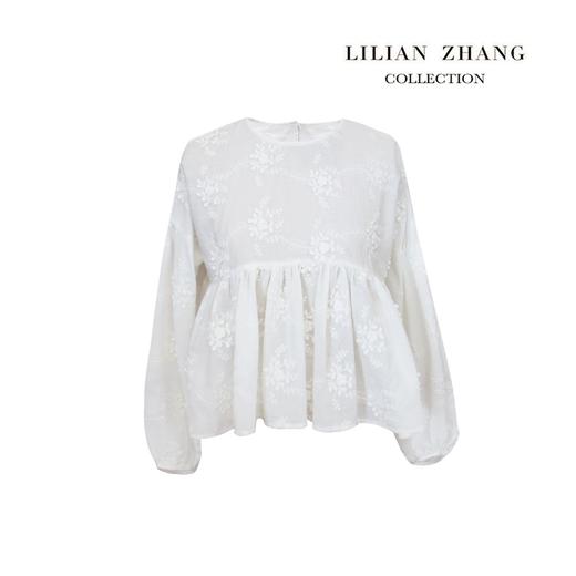 气质女士-短款春夏时尚浪漫轻奢立体刺绣宽松长袖圆领上衣2102046 商品图0