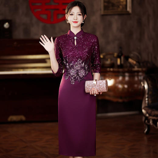 新中式改良旗袍婚宴敬酒服，七分袖喜妈妈婆婆结婚礼服连衣裙HH-9938 商品图3